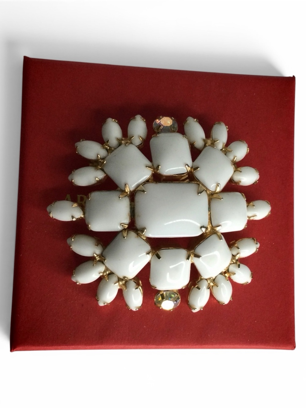Vintage Gold-Tone Milk Glass Cabochon Floral Brooch with AB Accents - Picture 8 of 14